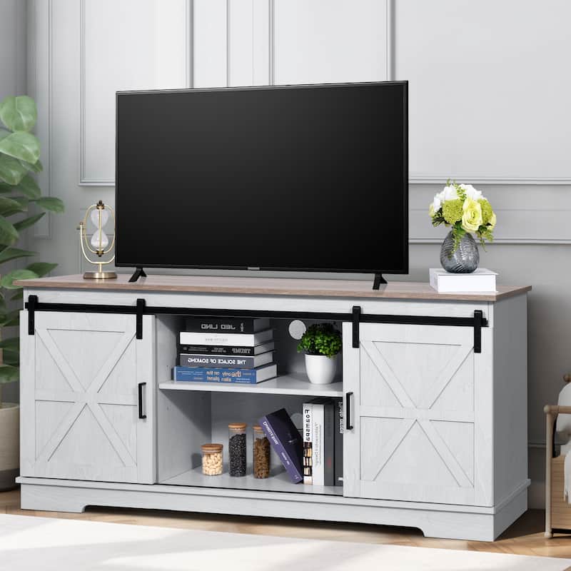 Moasis Farmhouse TV Stand with Barn Door Media Console Entertainment Center with Storage Cabinets - Grey Top/Grey White