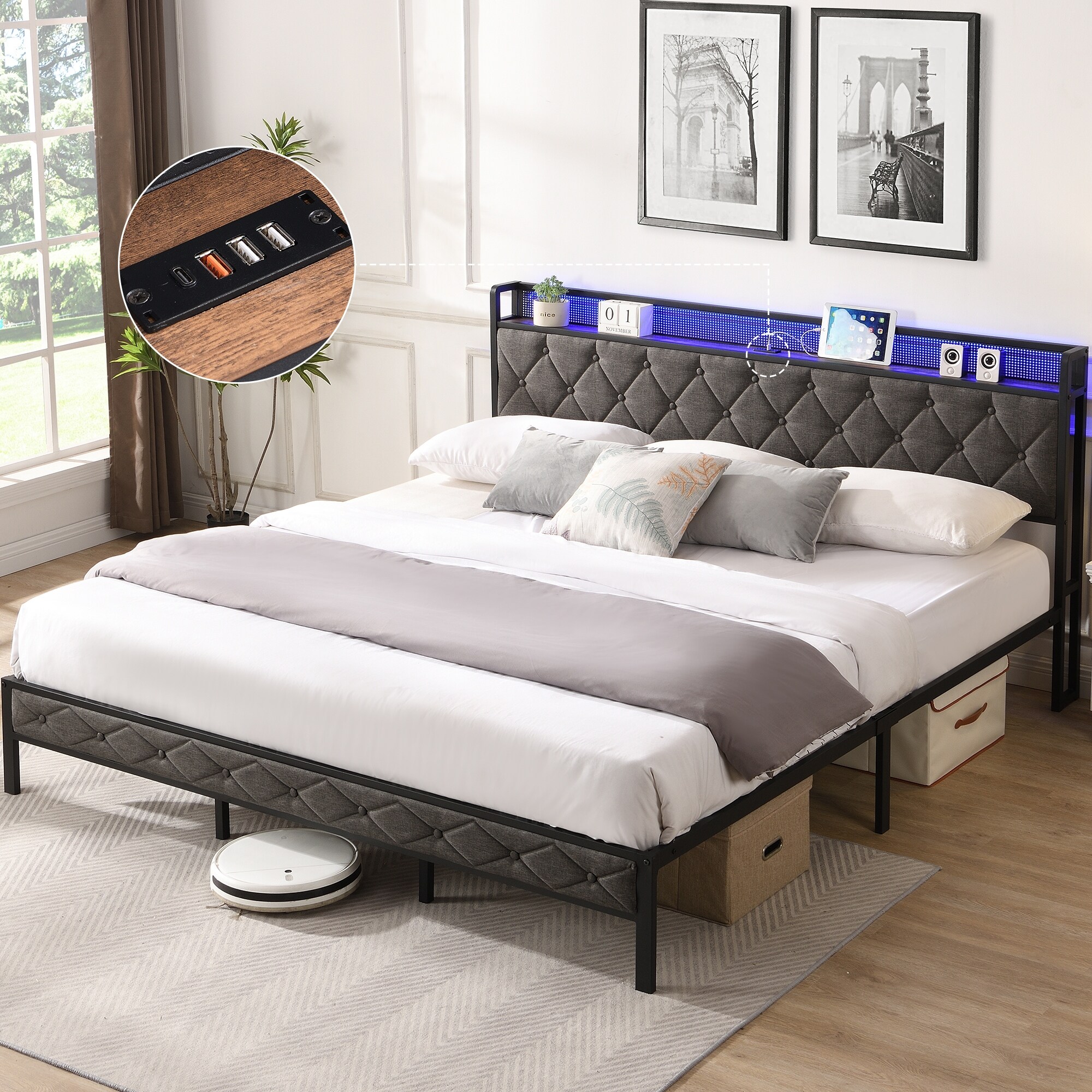 Headboard with usb ports store and lights