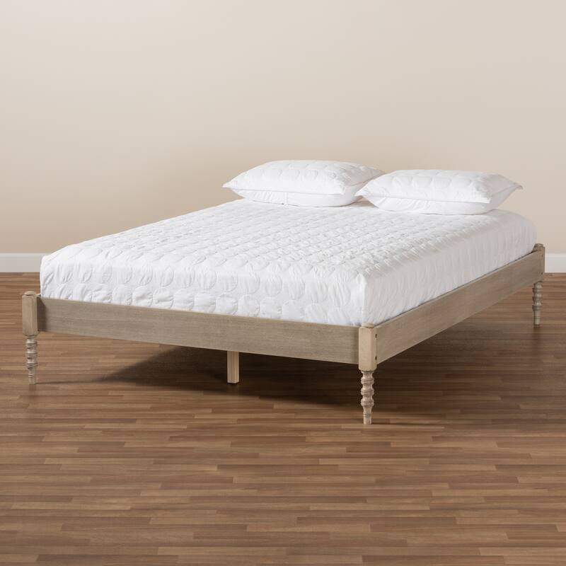 French Bohemian Antique White Oak Queen Platform Bed with Classic Rustic Charm and Sturdy Construction
