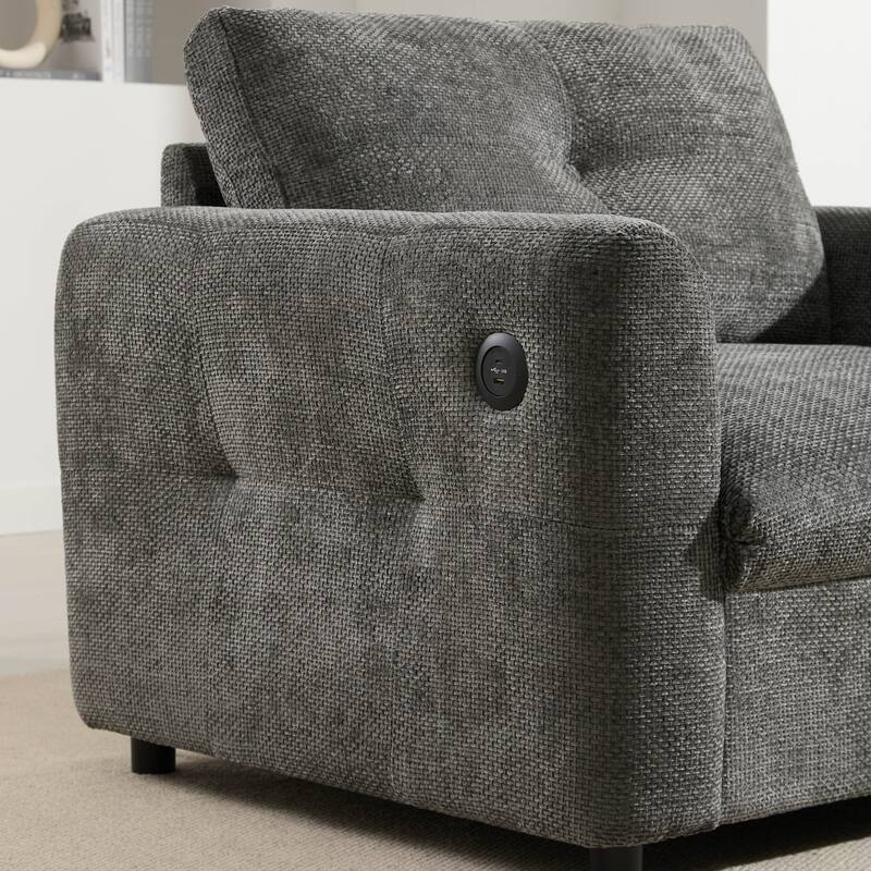 42" Wide Seat Chenille Armchair - Dual USB Ports, Pull-Line Tufted Design & High-Density Foam Cushion