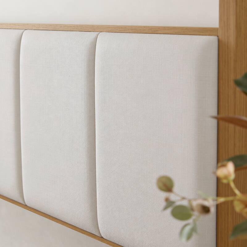 WAMPAT Modern Queen Size Canopy Bed Frame with Upholstered Headboard, Solid Wood 4 Poster Bed, No Box Spring Needed for Bedroom