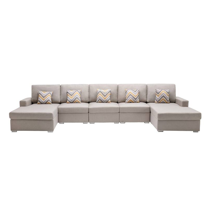 Linen Fabric 5 Piece Double Chaise Sectional Sofa with Pillows and Interchangeable Legs - Beige