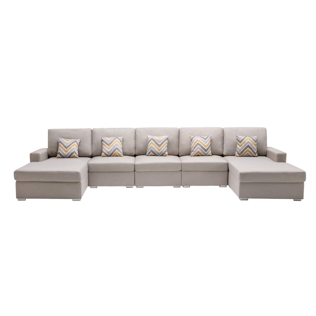 Linen Fabric 5 Piece Double Chaise Sectional Sofa with Pillows and Interchangeable Legs