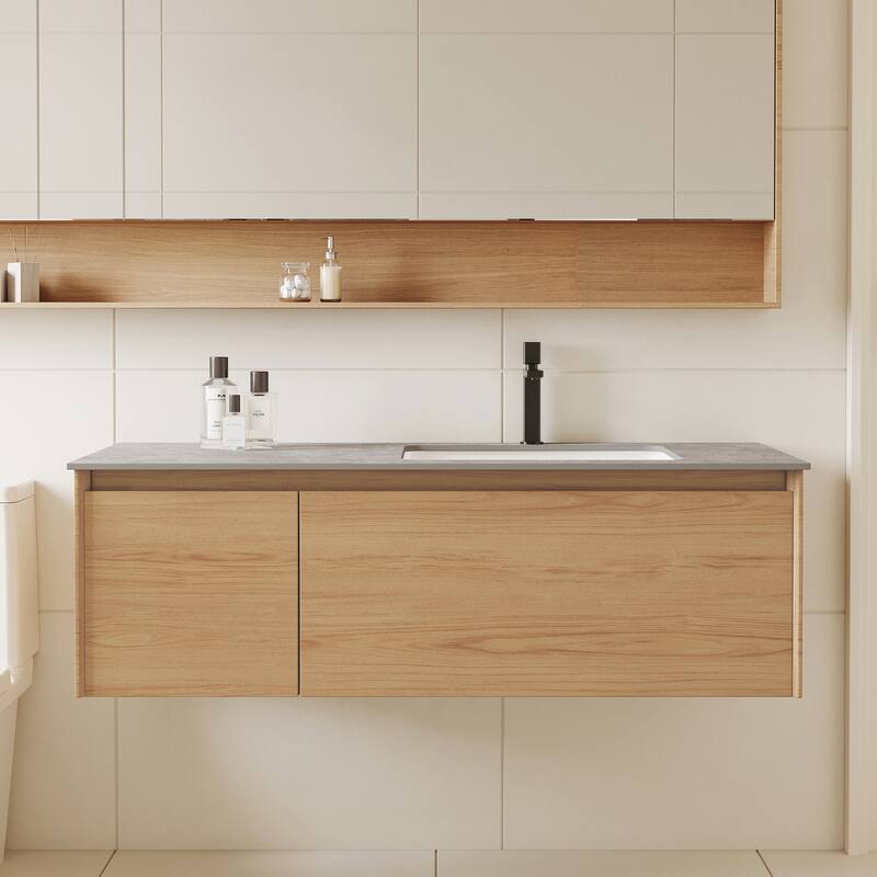 48" Single Bathroom Vanity, Modern, Gray Stone Stop, Light Solid Wood