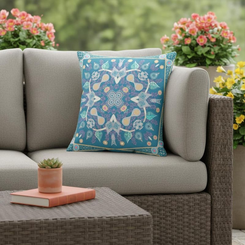 HomeRoots 26" x 26" Aqua Blown Seam Paisley Indoor Outdoor Throw Pillow - 26.00' X '5.00' X '26.00 - Aqua - 26.00' X '5.00' X '26.00