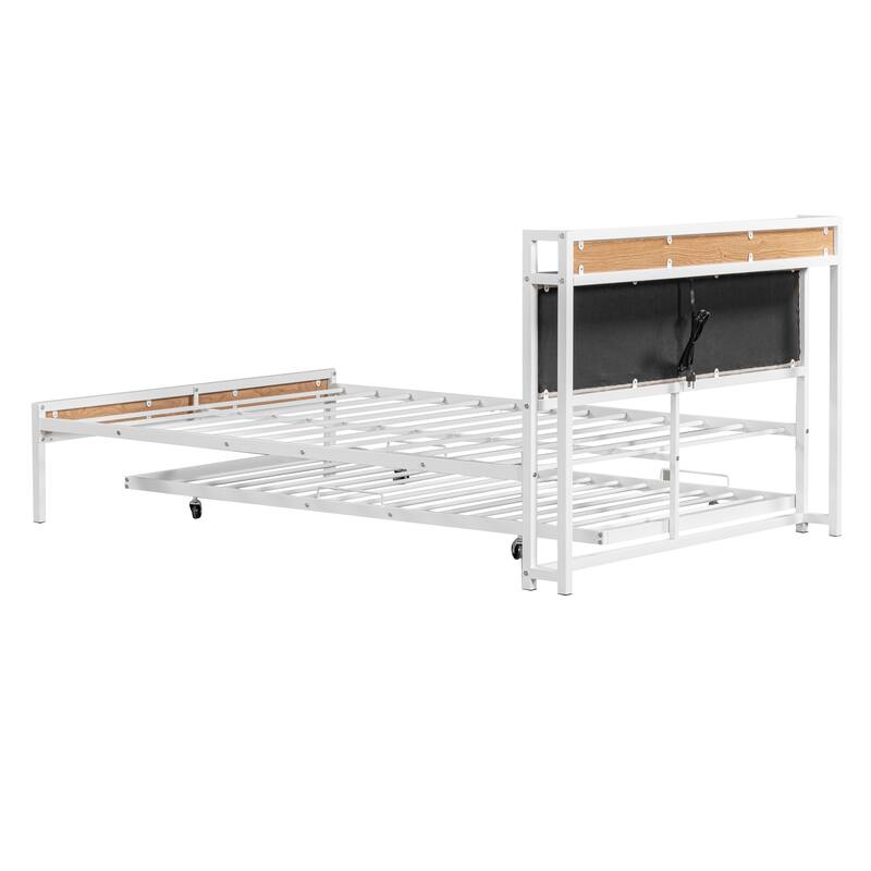 Metal Daybed with Adjustable Trundle, Portable Folding Trundle Bed