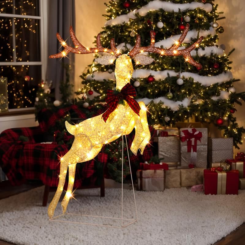 5FT Lighted Jumping Reindeer Christmas Decorations - Gold