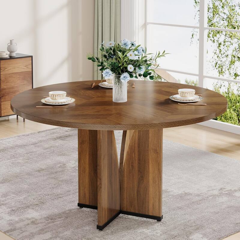 39.4" Round Dining Table for 4, Rustic Brown Farmhouse Kitchen Table with Wooden Top and Legs, Small Wood Dining Room Table - Rustic Brown