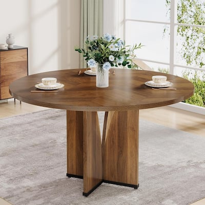 39.4" Round Dining Table for 4, Rustic Brown Farmhouse Kitchen Table with Wooden Top and Legs, Small Wood Dining Room Table