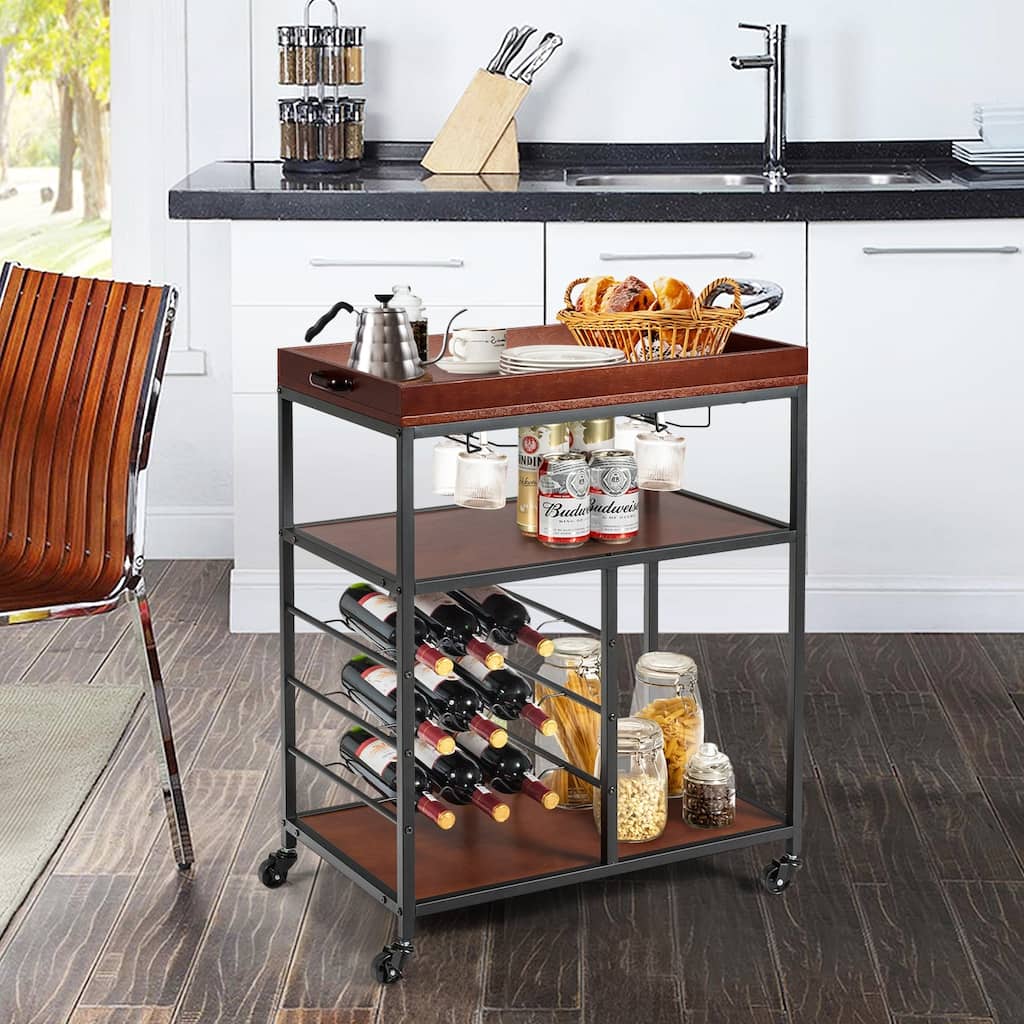 3 Tier Storage Bar Serving Cart with Wine Rack - 28" x 18" x 36.5" (L x W x H)