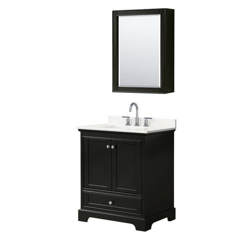 Deborah 30-inch Single Vanity, Quartz Top, Medicine Cabinet - Dark Espresso, Chrome Trim, White Quartz Top