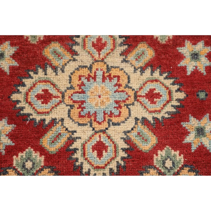Geometric Red Kazak Runner Rug Hand-Knotted Wool Carpet - 2'1" x 6'0"