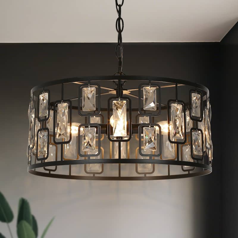 Dana Modern 4-Light Crystal Black Drum Chandelier for Dining Room Foyer - D16.5"* H9.5"