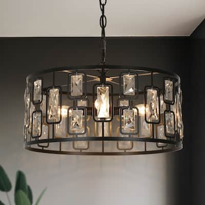 Dana Modern 4-Light Crystal Black Drum Chandelier for Dining Room Foyer - D16.5"* H9.5"