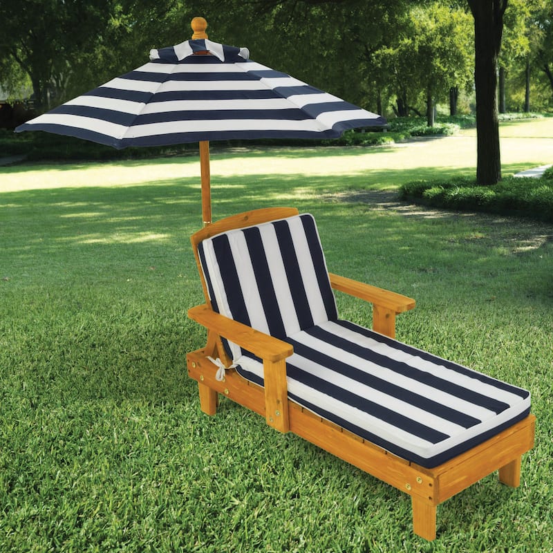 Kid's Blue/ White Striped Outdoor Chaise with Umbrella