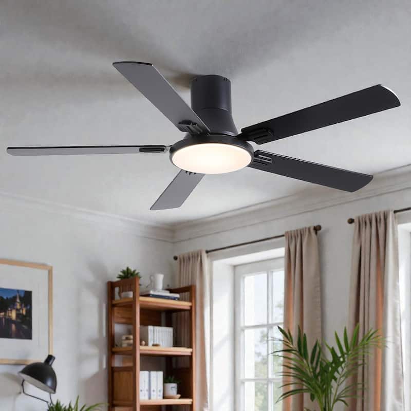 52 Inch Modern Minimalist Flush Mount Ceiling Fan with Light, Reversible DC Motor, Remote, Double-Sided Blades - Black