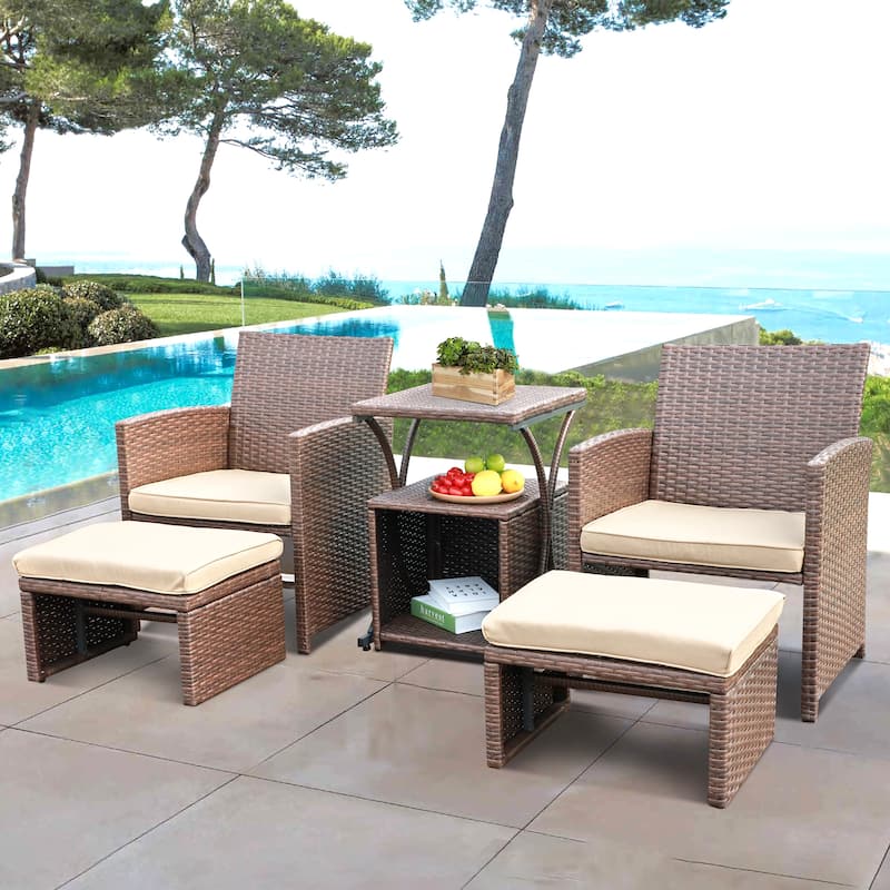 Patio 6 Pieces Wicker Conversation Set with Ottoman and Side Table - Brown