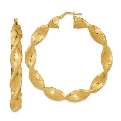 Curata 14k Gold Polished and Greek Satin Twisted Hoop Earrings - 54x53.3mm Wide 7mm Thick
