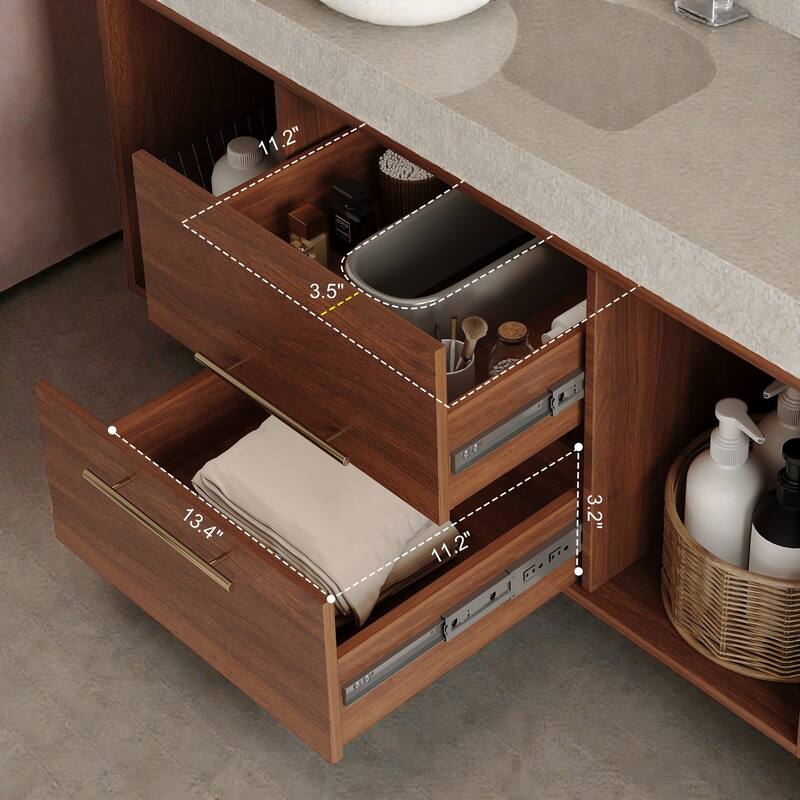 39.4" Floating Bathroom Vanity with Ceramic Sink, White Sintered Stone Top, Wall Mounted Cabinet with 2 Soft-Close Drawers