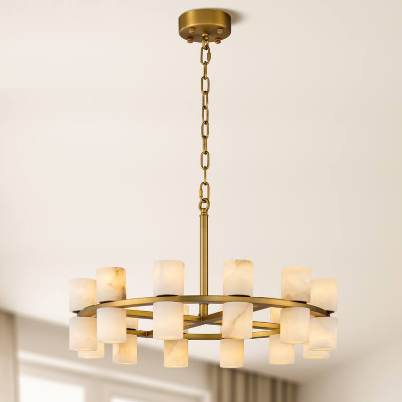 Modern Alabaster Glass Chandelier, Round or Linear Pendant Light with Up & Down Shades, D600-L1370, Copper or Black Finish - 24in - Gold
