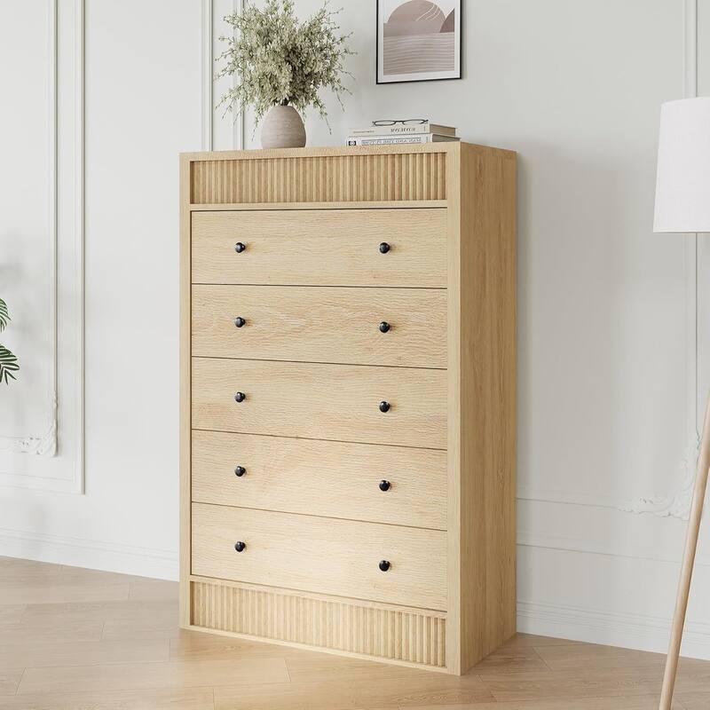 Modern 5 Drawer Dresser, Fluted Storage Cabinet for Bedroom - Khaki