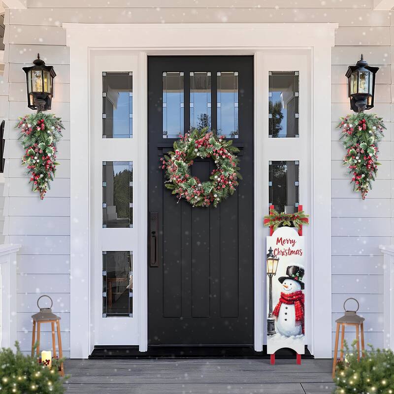 Glitzhome Christmas Red Pomegranate Berry & Holy Leaf Wreath or Teardrop - 3-Piece Teardrops & Wreath with 3 Hangers