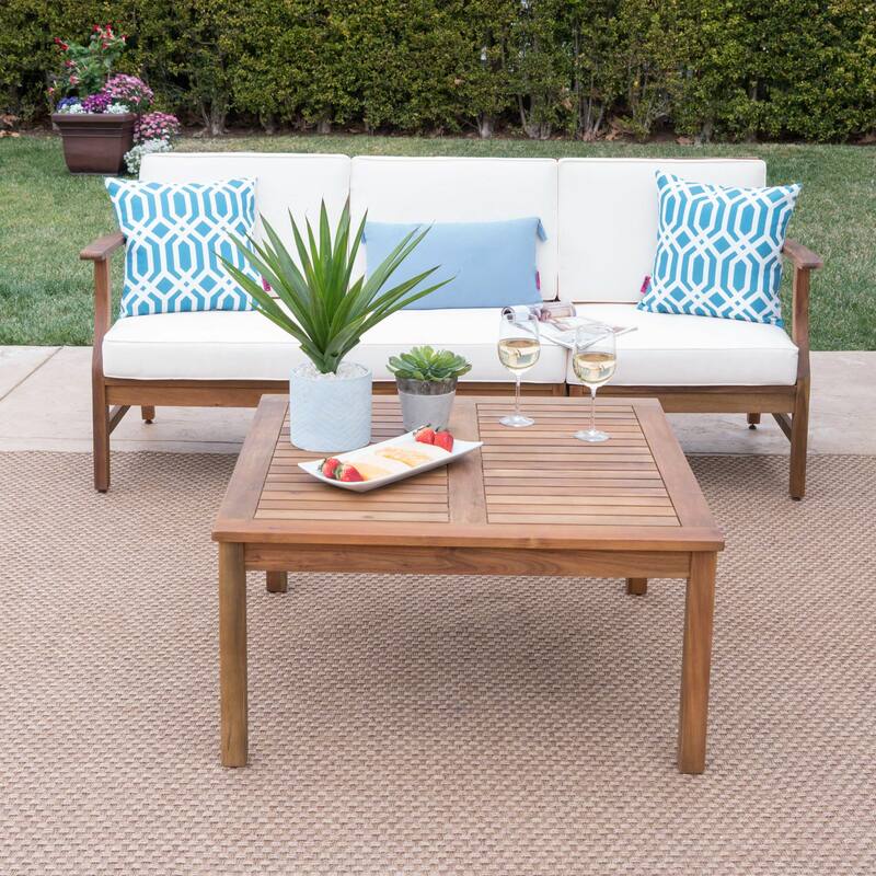 Perla Outdoor Acacia 4-pc. Cushioned Sofa and Table Set by Christopher Knight Home - Teak + Cream Cushion