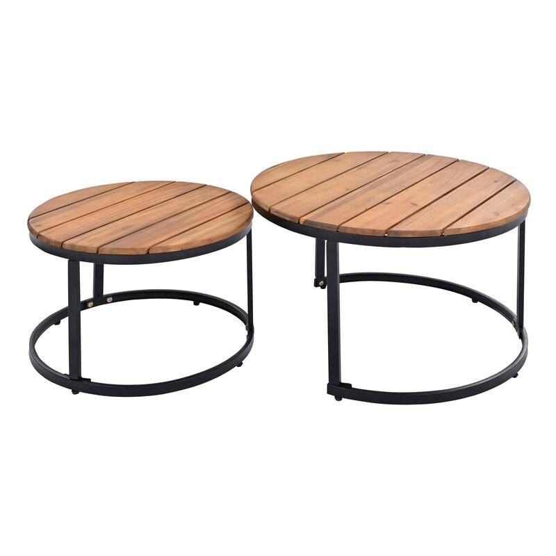 Grey Acacia Wood Outdoor Sectional Sofa Set with Round Nesting Coffee Tables