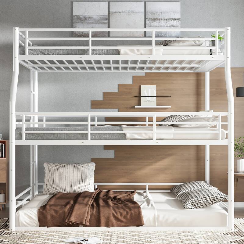 Full XL over Queen over Queen Bunk Bed, Metal Triple Bunk Bed with Safety Guardrails, Bunk Bed with Noise-reduced Design