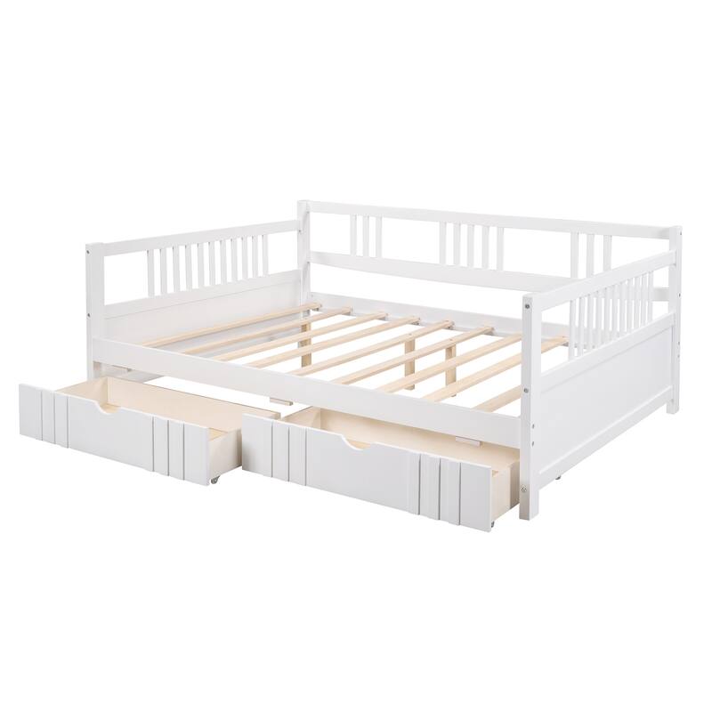Daybed with Two Drawers, Solid Wood Frame, Guardrails, No Box Spring Needed