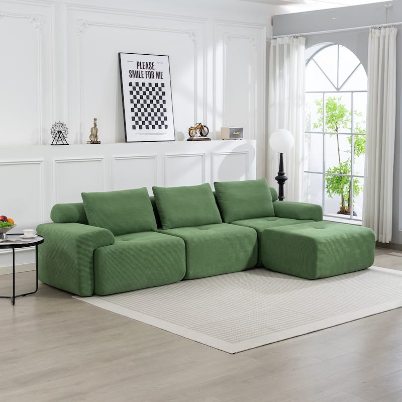 Corduroy Modular Sleeper Sofa Bed with Ottoman, L-shaped Sectional Couches for Living Room with Memory Foam and Steel Frame - Green