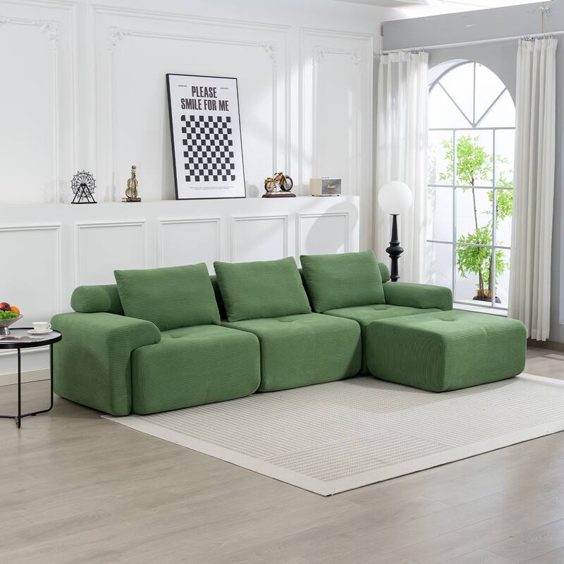 L-Shaped Convertible Sectional Sofa Bed - Memory Foam Cushions & Steel Frame, No Assembly Corduroy Sofa for Apartments - Green
