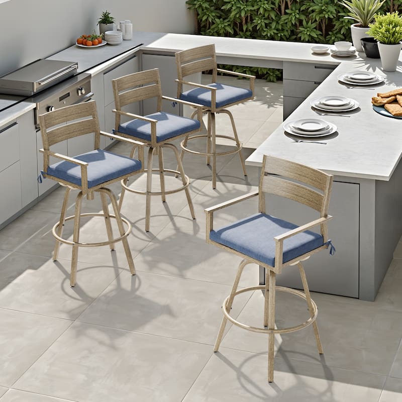 Outdoor Aluminum Patio Bar Stools Swivel Chairs with Sunbrella Cushions - 19.5 in W * 45.3 in H * 17.5 in D - SpectrumDenim-4PC