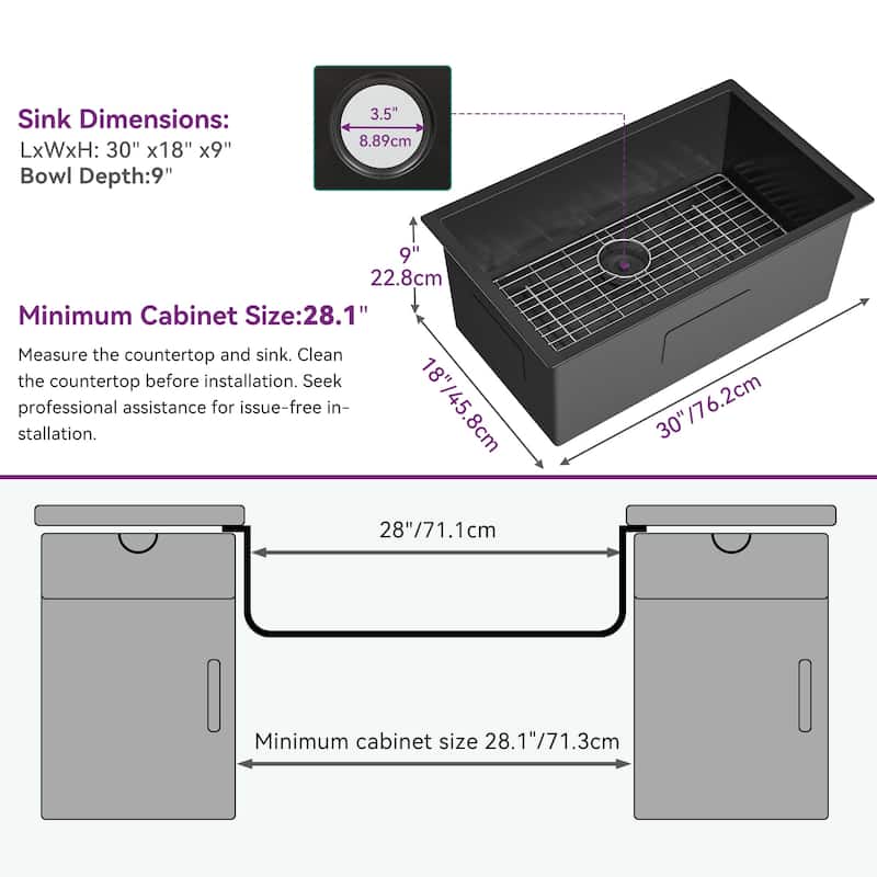 30'' Stainless Steel Single Bowl Black Kitchen Undermount Sink - Black