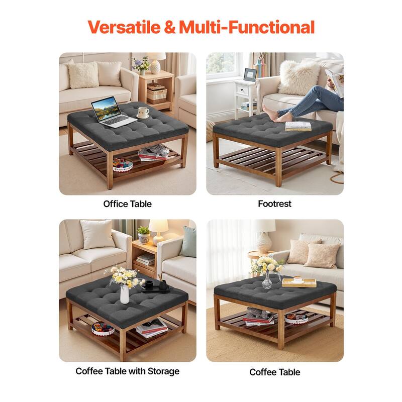 Dark Gray Square Ottoman Coffee Table with Storage Tufted Linen Upholstered Bench Footrest 400 lbs Capacity