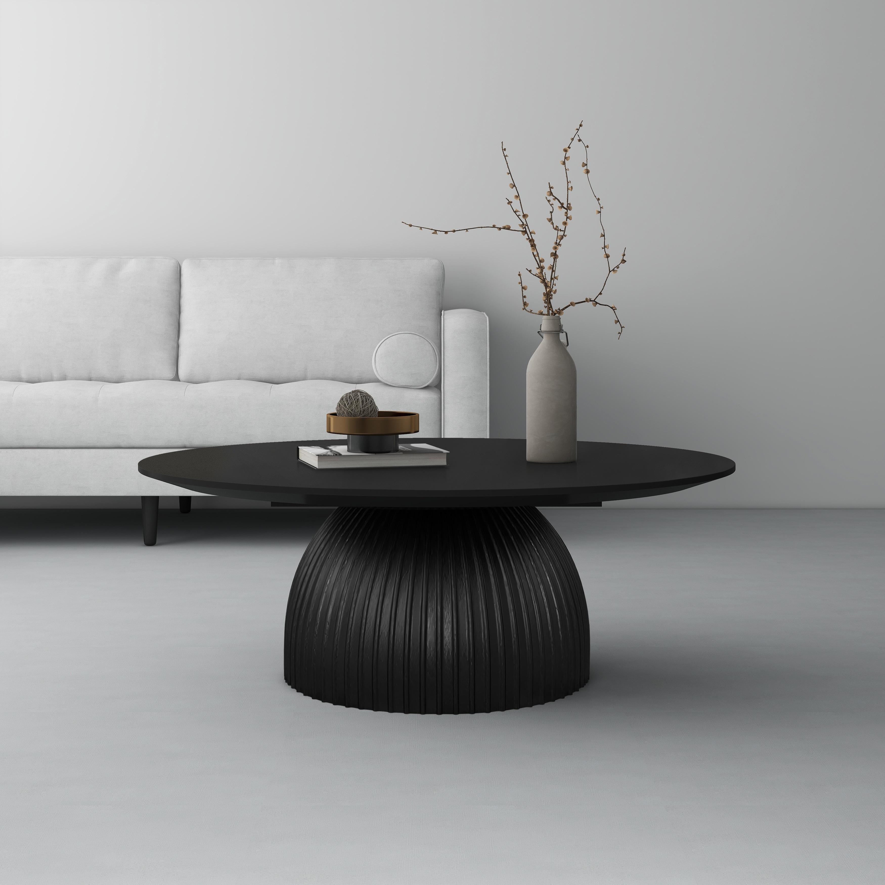 Round Black Coffee Table Solid Wood Base White