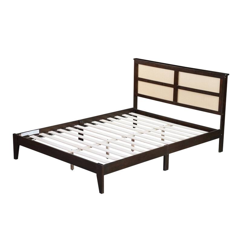 Queen Size Solid Wood Platform Bed with Rattan Headboard, Support Feet