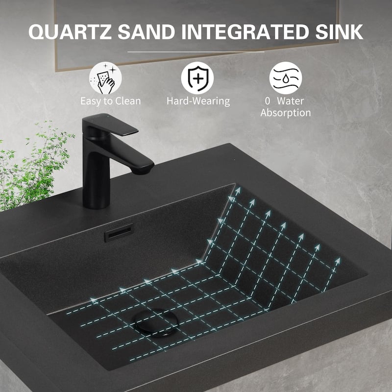 Grey Wall-Mounted Bath Vanity, Quartz Top,Sink and Soft Close Drawers