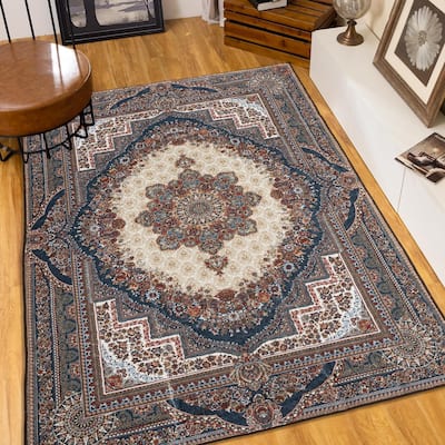 Area Rug 6x9 Vintage Bohemia Large Persian Non-slip Washable Rug For Living Room Kitchen Bedroom Flower Design Reddish Brown