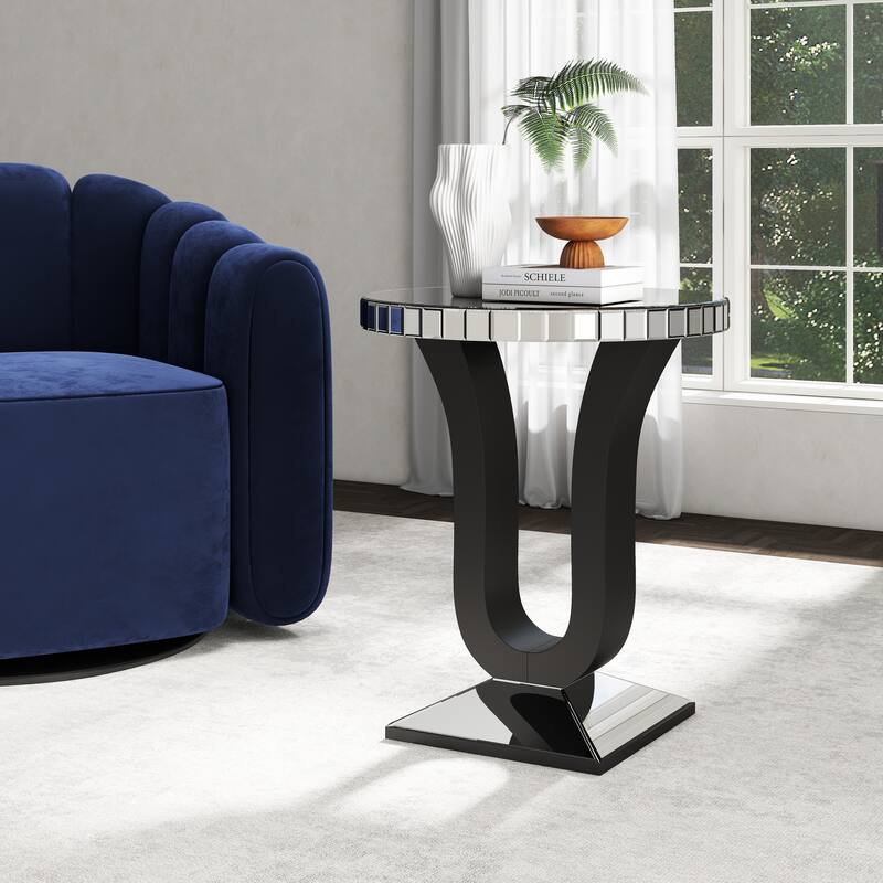 Modern Mirrored Side Table with Black Wood Base