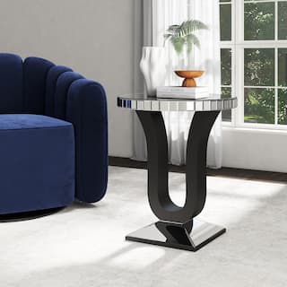 Modern Mirrored Side Table with Black Wood Base