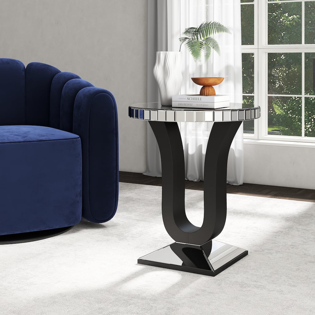Modern Mirrored Side Table with Black Wood Base