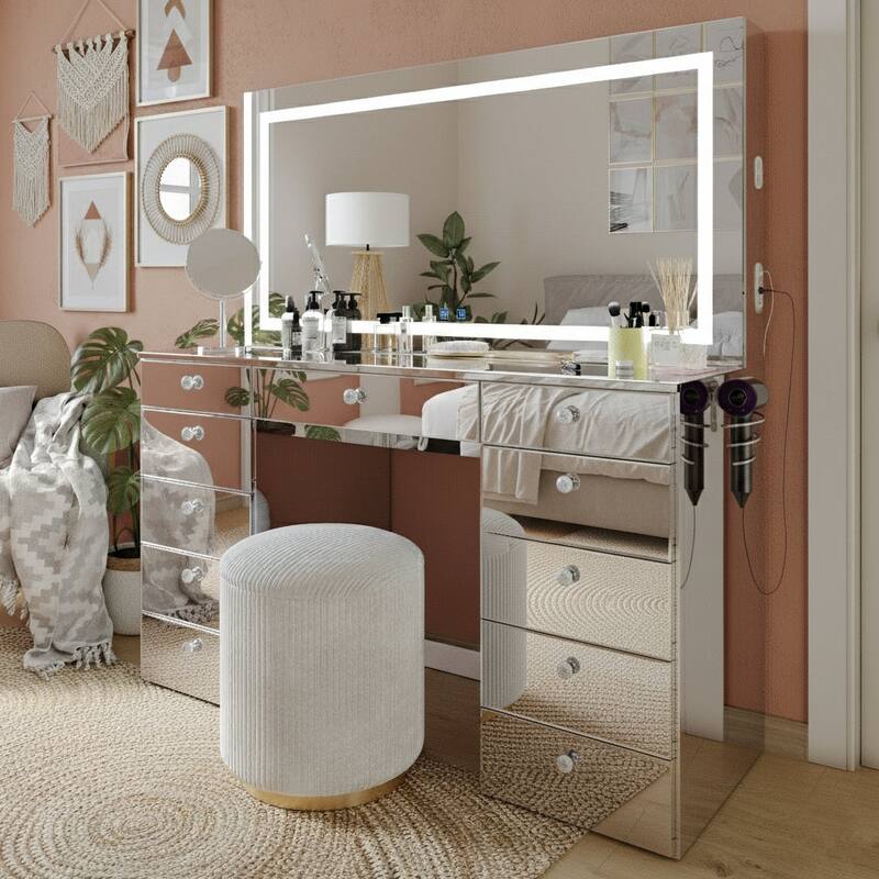 Extra-Large Vanity Desk with LED Mirror, Bluetooth Speakers, 11 Drawers and USB Ports