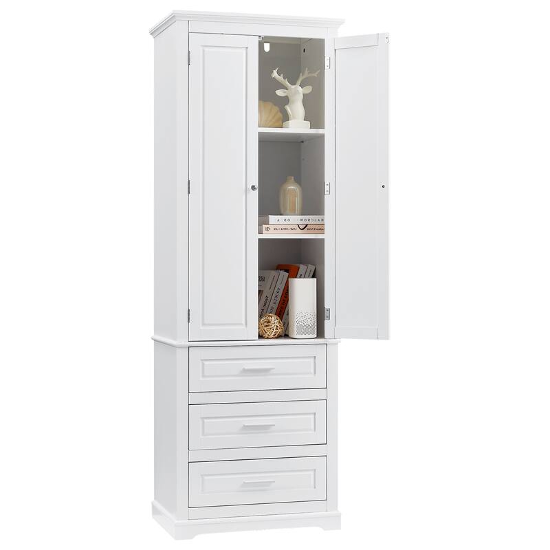 Double Door Bathroom Storage Cabinet Tall Bathroom Storage Cabinet with 3 Drawers Moisture-Resistant Cabinet