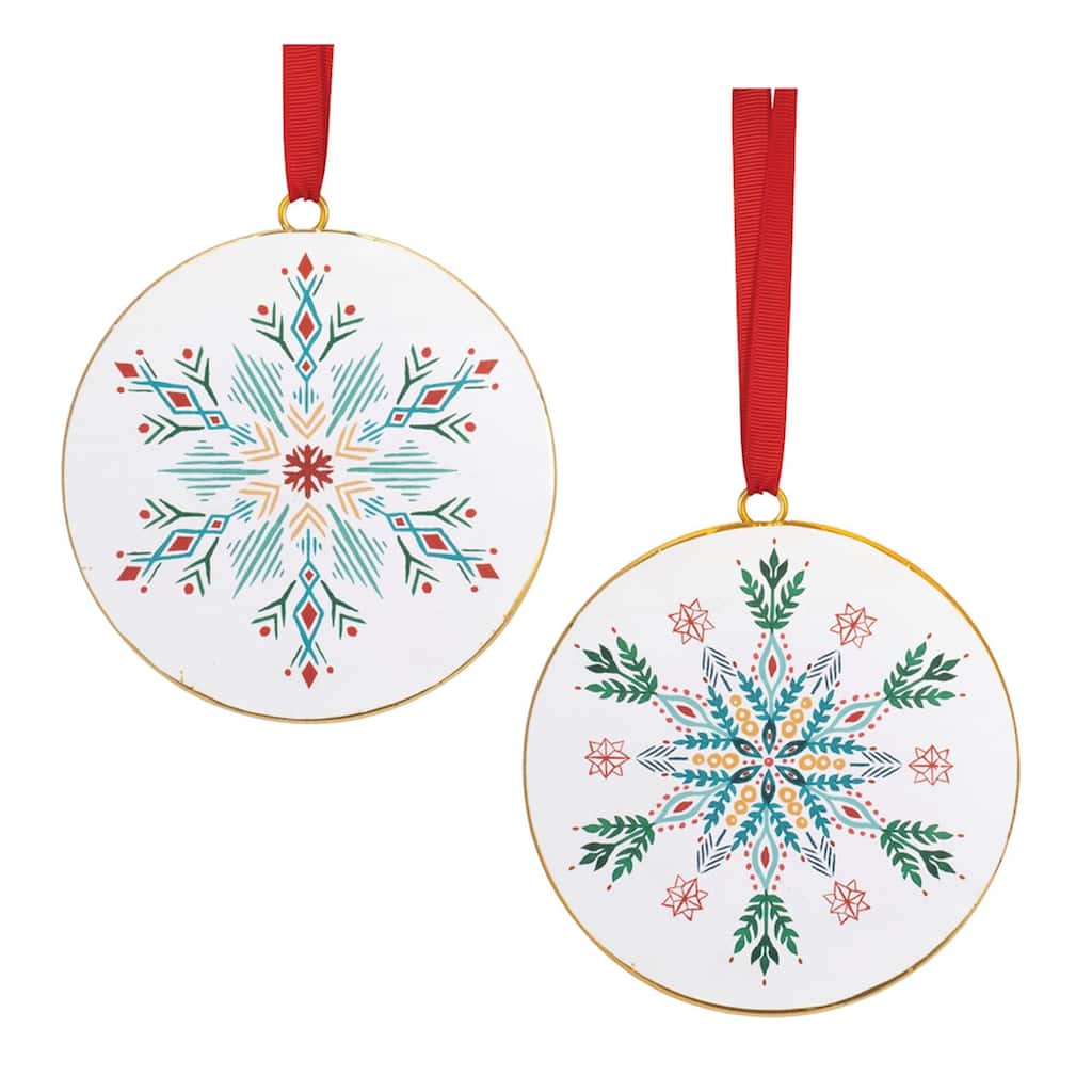 Snowflake Christmas Disc Ornament - 6.25" - White and Green - 12ct