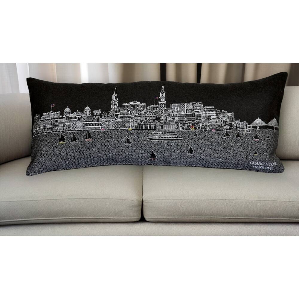 25" Black Charleston Nighttime Skyline Lumbar Decorative Pillow