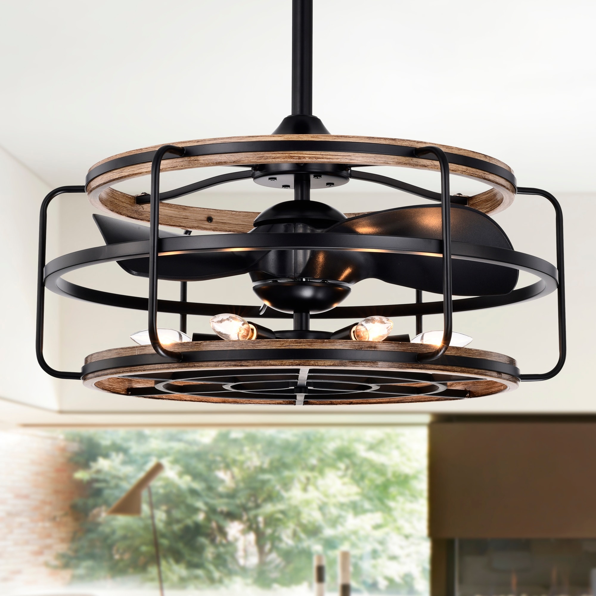 Warehouse of Tiffany Amable 26 Inch Farmhouse and Industrial Style Matte Black Finish Lighted Ceiling Fandelier with Remote