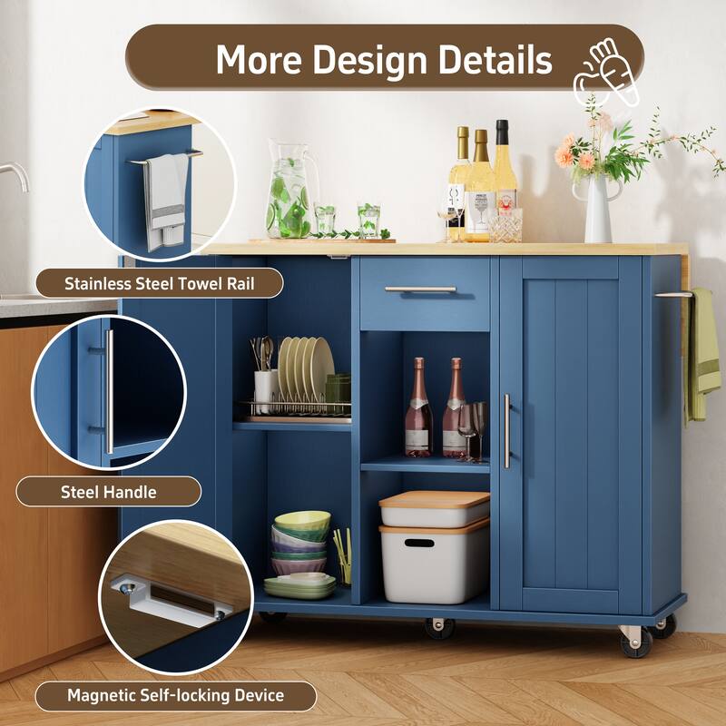 Rolling Kitchen Island Cart with Open Shelf & Drop Countertop - N/A