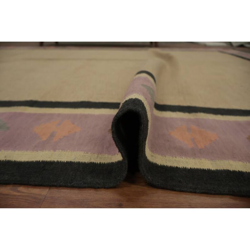 Hand Woven Oriental 100% Wool Carpet Southwestern Tribal Beige & Ivories Kilim Area Rug - 10' 2'' X 8' 2''