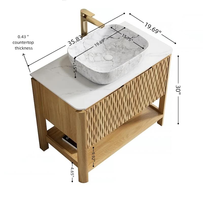 Freestanding Bathroom Vanity in Natural Wood with Carrara White Sintered Stone Top and Vessel Ceramic Basin